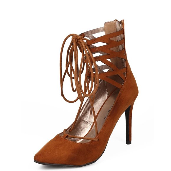 HOT🔥 Tan Strappy Lace Up Pointed Toe Cuff High Heel Stiletto Pumps Faux Suede - Picture 5 of 7